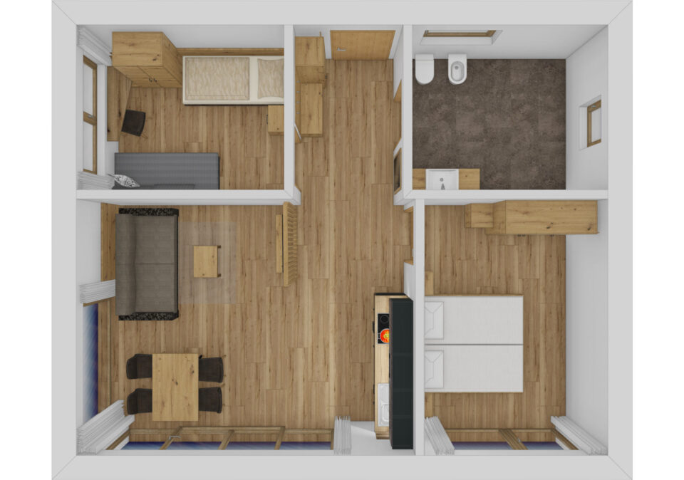 Wohnungsskizze der Bauernhof-Ferienwohnung mit Schlafzimmer, Einzelzimmer, modernem Bad und Wohnküche
