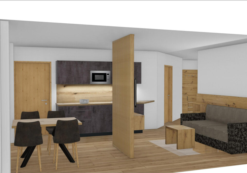 Moderne Wohnküche mit gemütlicher Sitzecke in der Ferienwohnung in Hafling bei Meran