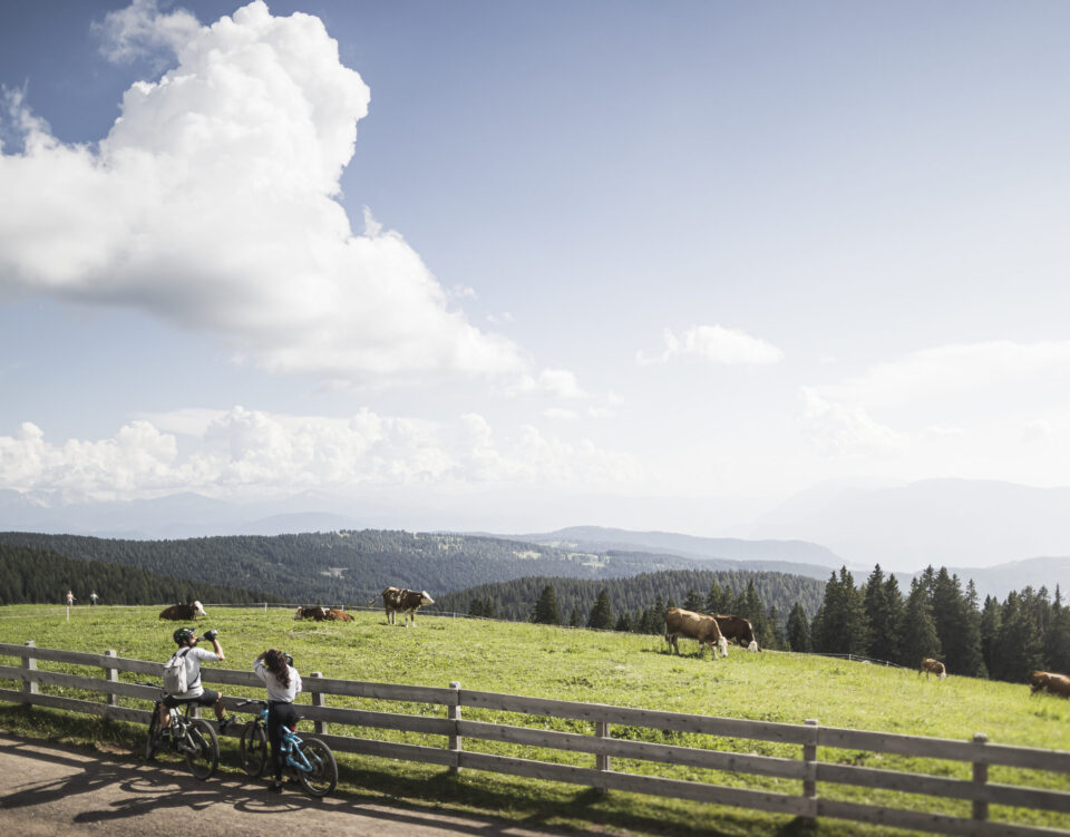 E-Bike-Fahrt über das sonnige Tschögglberg-Hochplateau mit Panoramablick auf die Südtiroler Berge