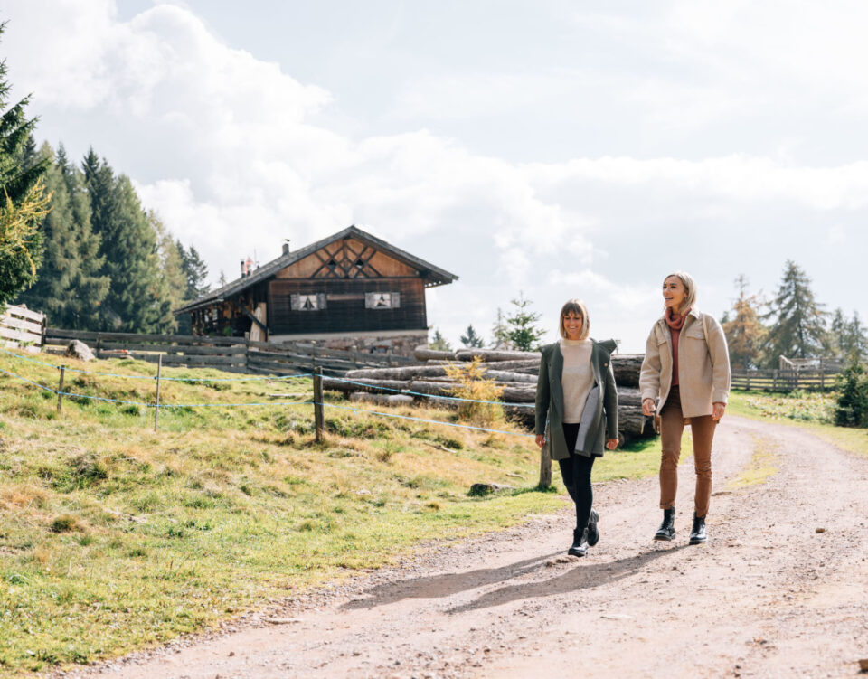 Herbstwandern in Hafling über sonnige Almwiesen vor der imposanten Kulisse der Südtiroler Alpen